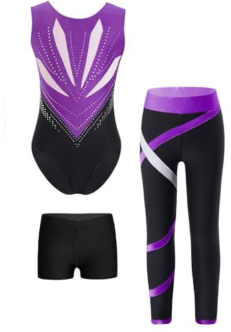 Alvivi 4er Set Mädchen Turnanzug Glitzer Gymnastikanzug mit Hose Shorts Haarband Gymnastikbody Turntrikot Gymnastik Kleidung Tanzkostüm