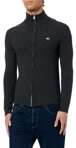 GANT Herr extra fin lammull dragkedja kofta kofta, Mörkgrå melange, XL