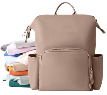 Wickeltaschenrucksack aus Leder, Wickeltasche aus Leder, große Kapazität – Reise Reise wasserabweisend Rucksack Fashion PU Leder Mommy Daypack für, kaki, Se référer au descriptif
