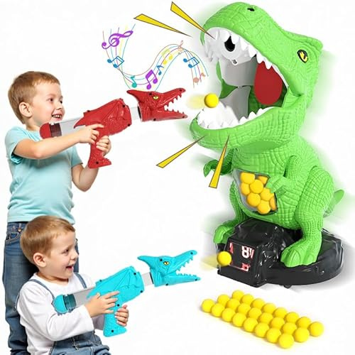 BLmukce Dinosaur Shooting Toys for Boys 3 4 5 6 7 Years Old, 2 Air Pump Launchers, Movable Target & 48 Foam Balls, Outdoor/Backyard Games with LED Score & Sound, Christmas/Birthday Gift for Toddlers