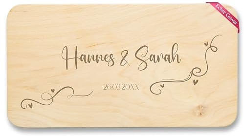 Frühstücksbrettchen Natur - Brotzeitbrett Holz mit Namen und Datum personalisiert I Jausenbrett Hochzeit Geschenk Heirat Geschenk Jahrestag I Beziehungs Geschenke Paar Geschenke - 22x12 - Holz