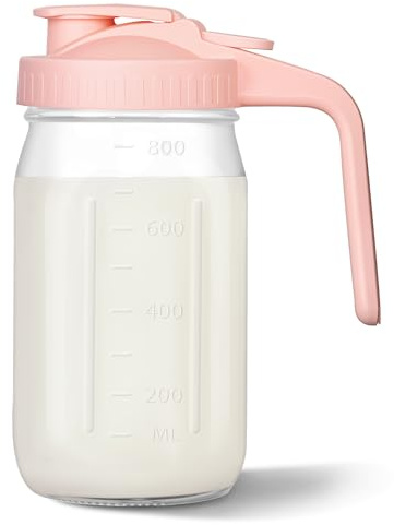 Breast Milk Pitcher, 32 oz Glass Mason Jar with Lid, Wide Mouth & Leakproof Glass Pitcher for Breastmilk, Sun Tea, Juice, Cold Brew Coffee and Drinks (Pink)
