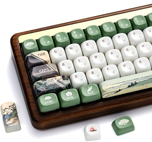 OHY XVX MOA Profile Keycaps Set, Japanese Mount Fuji Theme, 129 - Key White & Green Custom Keycaps with PBT + Frosted Translucent PC Material for US Layout Mechanical Keyboards