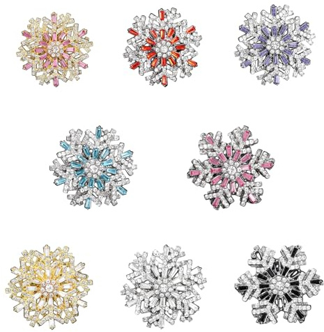 8pcs Rotatable Snowflake Brooch Set Women's Colorful Rhinestone Brooches Snowflake Pin Set for Banquets and Wedding Parties