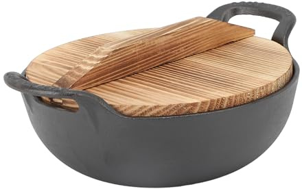 OVAQUIXI Wok in Ghisa, Padella a Fondo Piatto da 14 Pollici con Coperchio in Legno, per L'autentica Asiatica su Fornelli a Gas Elettrici a Induzione (20 cm)
