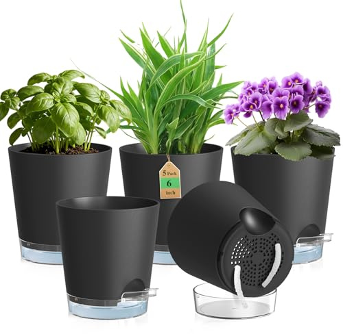 WSMKSZ 15cm Selbstbewässerungstopf, 5er Set Kunststoff Blumentöpfe, Schwarz | Pflanztöpfe mit Abflusslöchern & Transparentem Untersetzer, Sichtbarem Wasserstand, mit Baumwolldocht, für Innen Außen