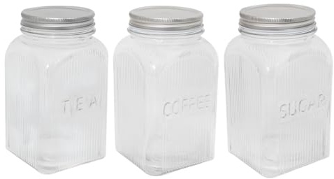 YöL Set of 3 - Tea, Coffee, Sugar Square Ribbed Glass Storage Jars with Silver Lid 1300ml Kitchen Canisters with Embossed Lettering for Hot Drinks and Dry Food Storage Organisation
