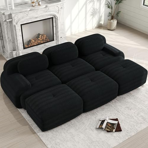 NuvlaGu Modulares 3-Sitzer Sofa mit 3 Hockern, Rahmenlos aus Cord, 32D Hochelastikschaum, montagefrei, extra breite Armlehnen, haustierfreundlich, Wohnlandschaft für Wohnzimmer & Heimkino, Schwarz