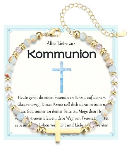 EPVID Kommunion Konfirmation Firmung Geschenke für Mädchen, Perlen Armband mit Golden Kreuz für Tochter Enkelin Schwester Nichte Patentochter zur Erstkommunion Konfirmation von Mama Papa Taufpaten