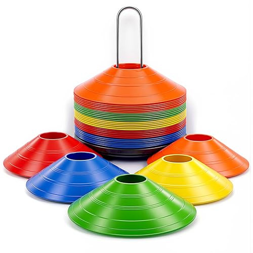 50er Set Markierungshütchen Fußball Hütchen Set mit Metallständer, Profi Kegel Pylonen Kinder & Erwachsene 5 Farben, bruchfestes Kunststoff, Fußball Trainingszubehör, Koordination & Fussballtraining