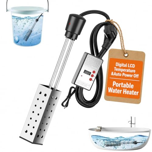 Portable Electric Immersion Heater with Digital Display & Auto Power Off, Stainless Steel Safety Guard, Submersible Water Heater for Home Bath Pool Outdoor