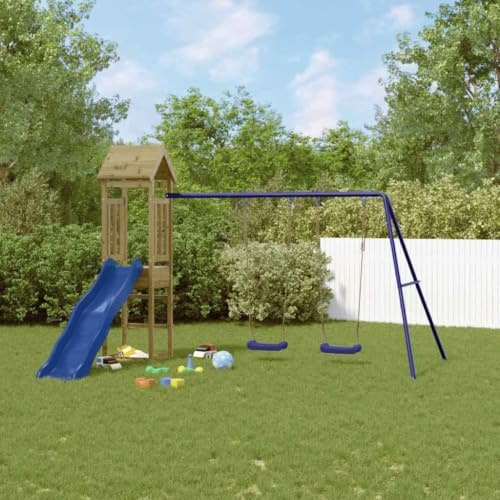 YunCangg Torre de juego de madera de pino impregnada con tobogán ondulado y juego de columpio doble, juguete de jardín para niños al aire libre, caja de arena y estructura de escalada para aventuras
