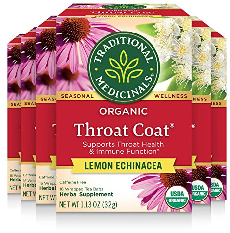 Traditional Medicinals Tea, Organic Throat Coat Lemon Echinacea, Supports Throat Health & Immune Function, 96 Tea Bags (6 Pack)