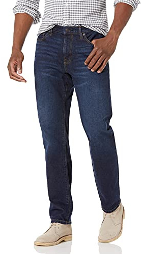 Amazon Essentials Pantalón Vaquero Elástico de Ajuste Recto - colores interrumpidos Hombre, Lavado Índigo, 30W / 32L