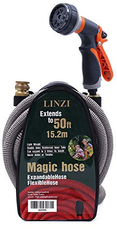 LINZI Expandable Garden Water Hose, 15M/50FT, Magic Hose, Double Latex Inner, No Kink, Brass Connectors, 8 Function Spray Gun, Hose Holder, Black, Brass, 1 Pack, Hardware