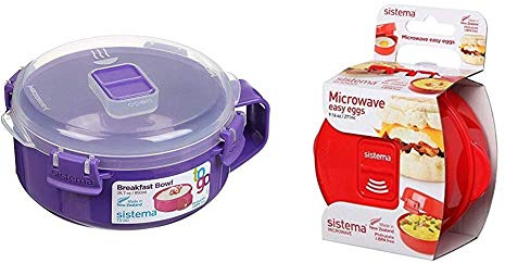 Sistema Microwave Breakfast Bowl | Round Container with Lid | 850 ml | BPA-Free | Assorted Colours | 1 Count & 1117ZS Egg Cooker Easy Eggs, 271 ml - Red