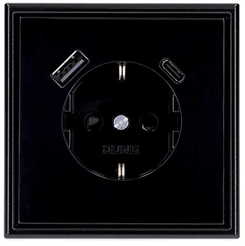 Jung SCHUKO USB-Steckdose Typ AC (3A) Komplett-Set Serie LS: Steckdose LS152015CASW und 1-fach Rahmen LS981SW Schwarz
