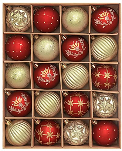 Valery Madelyn Boules de Noël Incassables, Ornements de Boule de Noël de Luxe Rouge et Or pour la Décoration de Sapin de Noël, Décorations de Noël L'emballage en en Papier Kraft 20pcs 6cm