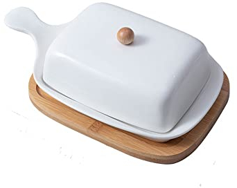 QINGGANGLING999 Beurrier Boîte d'étanchéité au Beurre, Plaque de Beurre de céramique, Blanc, avec Couvre-Bois Beurre boîte à Plateau de Beurre boîte de conteneur Beurre