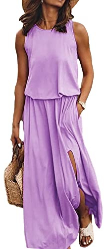 amropi Donna Lunghi Vestiti Elegante Maxi Vestito Casuale Senza Maniche Abito Viola,L