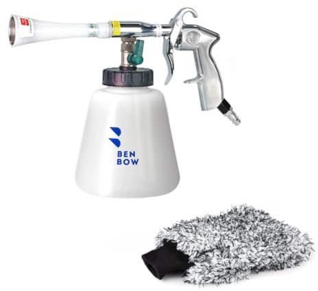BenBow Druckluft Reinigungspistole - Classic Metall + Mikrofaserhandschuh - entfernt wirksam den Schmutz bei Auto Innenreinigung - mit 1-Liter-Behälter für Reinigungsmittel