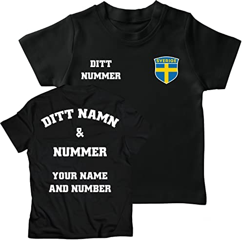 lepni.me Kinder T-Shirt Schweden Fußball Trikot Ihrem Namen und Nummer Schwedische Flagge Abzeichen Personalisierte Custom Top WM 2022 Fans (3-4 Jahre Schwarz Mehrfarben)