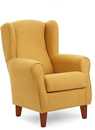 Sillonea - Sillón Orejero Roma, butaca pequeña para salón. Sillón de Lectura Individual, Ideal para Ver la TV/Leer. Medida: 100x74x77cm. Tapizado con Tela Antimanchas. (Mostaza, Cerezo)