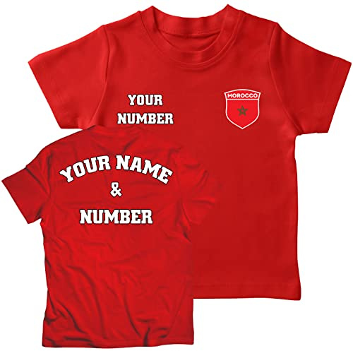 lepni.me Camiseta para Niños de Fútbol de Marruecos con Su Nombre y Número | Insignia de Bandera Marroquí Personalizada | Copa del Mundo 2022 (9-11 años Rojo Multicolor)