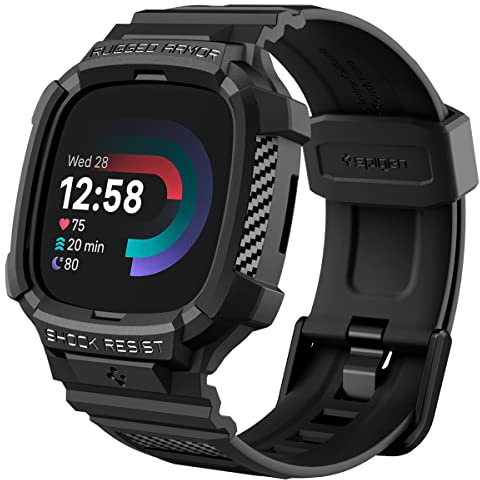 Spigen Rugged Armor Pro Hülle mit Band für Fitbit Versa 4 / Sense 2 | TPU-Unibody-Hülle mit Armband, Carbonfaser-Optik, erhöhtem Schutzrand für 2022er Modelle - Schwarz