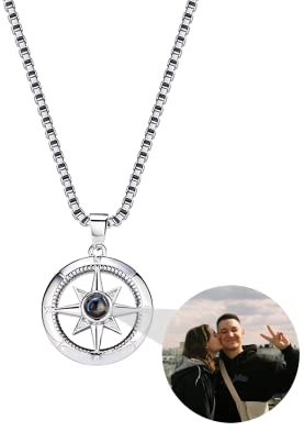 Pekdi Kompass Halskette Personalisierte Foto Kette Projektions-Halskette mit Bild Kompass Anhänger Halskette Ich liebe dich Halskette 100 Sprachen Personalisiertes Schmuckgeschenk