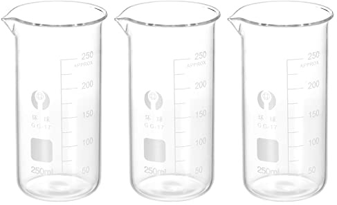 PATIKIL 3Pcs 250ml Tall Form Glass Beaker, 3.3 Borosilicate Glass Graduated Printed Scale Measuring Cups with Spout for Kitchen Lab Liquids