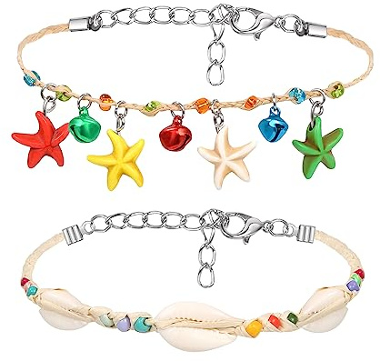 2 Stück Fußkettchen für Damen, Fußkette Armband Jewelry Verstellbare Boho Fußschmuck Armband Sommer Barfuß Strand Fusskette Fußkettchen Geburtstag Jahrestag Schmuck Geschenk, Muschelschale Seestern