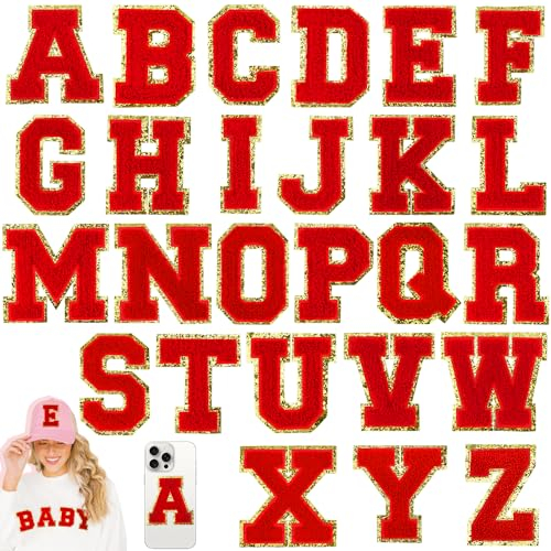HEKOOLA 26 Stück große rote Chenille-Buchstaben-Aufnäher, 7,6 cm, Buchstaben zum Aufbügeln für Stoff und Kleidung, Glitzer-Stickerei, Varsität für Letterman-Jacke, Rucksäcke, Hüte, zum Aufnähen oder