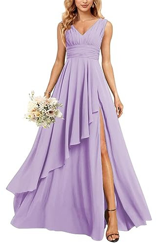 KURFACE Vestido de fiesta de boda con abertura, cuello en V, vestidos de dama de honor de gasa para mujer con bolsillos, Lila, 22 Más