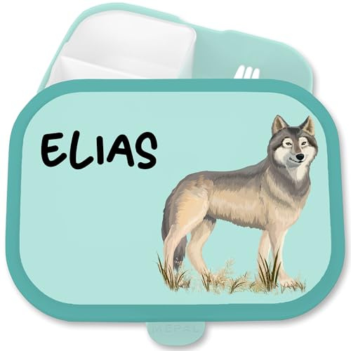 Brotdose Kinder Campus für Mepal - Wolf mit Name personalisiert I Wolfsmotiv Geschenk Wölfe - 750 ml - Türkis - fächern brotzeitbox lunchbox brotbox auslaufsichere
