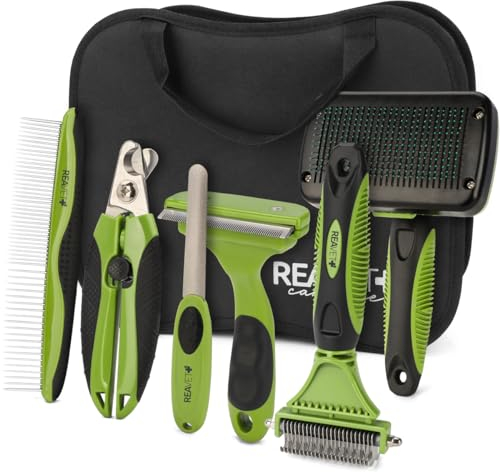 ReaVET Professionelles Hundebürste Fellpflege-Set für Hunde & Katzen I Pflegeset 6-teilig I Hundebürste, Entfilzungsbürste, Unterwollbürste, Flohkamm, Krallenschere & Pflegetasche