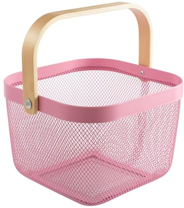 Gluhbirnen Körbchen mit Henkel, Netz Stahl Lagerung Aufbewahrungskorb, Aufbewahrungskorb Metall,Tragekorb, Ideal für Küche, Bad, Speisekammer, Regale, 21*21*18CM, Rosa