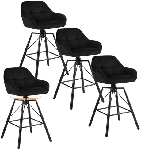 WOLTU Barstol set om 4, 360° vridbar barstol bistropall med ryggstöd, spall med ryggstöd fotstöd 4 ben, roterbar, vadderad, sammet metall, svart, BH397sz-4