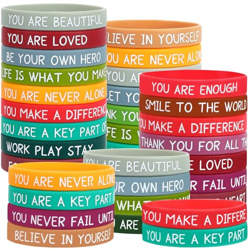 JUNEBRUSHS Motivierende Silikon-Armbänder, Großpackung, bunt, inspirierende Gummi-Armbänder, Unisex, für Studenten, Lehrer, Büro, Preise, Geschenke, Schulanfang, Partyzubehör, 64 Stück