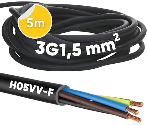 5 Meter Kalitec H05VV-F Schlauchleitung 3x1,5 mm² I Stromkabel 3G1,5 mm2 mit Schutzleiter I PVC Kabel für Innenbereich I Elektrokabel schwarz I Lampenkabel flexibel I Gerätekabel 3 adrig | PVC Elektrokabel für Innen - Flexibles 3-adriges Lampenkabel & Gerätekabel - 300/500V Anschlussleitung mit Schutzleiter