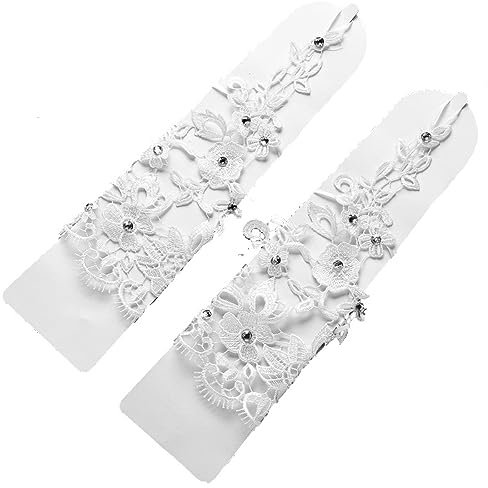 Blausky 1 Paar 30 cm Lange Damen Spitzenhandschuhe,Spitze Handschuhe mit Strasssteine,Brauthandschuhe,Fingerlose Hochzeithandschuhe,Hochzeit Braut Handschuh,für Hochzeits Oper Dinner,Beige