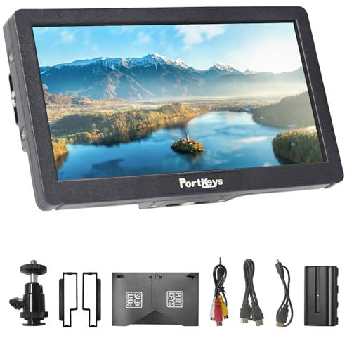 Portkeys HD7H Kamera Field Monitor 7 Zoll 4K HDMI Field Monitor inkl. NP-F550 Akku mit entspiegeltem Glas und Sonnenblende, Focus Peaking, False Color, Anamorphic De-Squeeze für DSLR