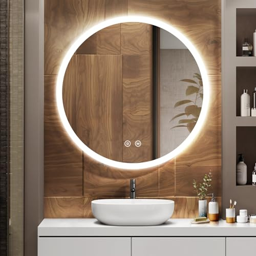 EMKE Badspiegel mit Beleuchtung Rund 70cm, Dimmbar, Beschlagfrei | LED Spiegel mit Beleuchtung, 3 Lichtfarben, Touch-Schalter, Badezimmerspiegel Rund Badspiegel, IP44