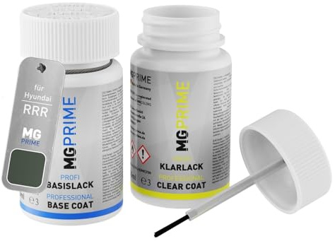 MG PRIME Autolack Lackstift für Hyundai RRR Mirage Green + Klarlack | Set aus Basislack + Klarlack, Lackfläschchen mit Pinsel, je 50ml