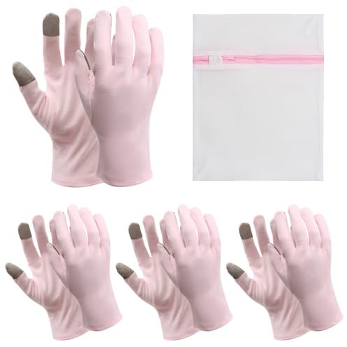 BORISCA 4 Paar Baumwollhandschuhe, Feuchtigkeitsspendende Handschuhe Touchscreen Handschuhe Atmungsaktiv Stoffhandschuhe Wiederverwendbar Kosmetik Handschuhe mit Wäschebeutel (Rosa)