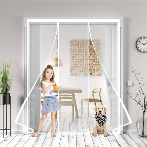 Fliegengitter tür 195x220cm Fliegengitter Balkontür insektenschutz tür Wohnzimmer Terrassentür, Klebmontage ohne Bohren für Garage Balkontür Wohnwagen Weiß