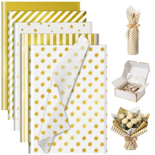 woric 120 Sheets Gold White Tissue Paper, 5 Styles Star Gift Tissue Paper Wedding Tissue Paper for Gift Bags Birthday Wedding Party Decoration DIY Arts Crafts (50x35cm)
