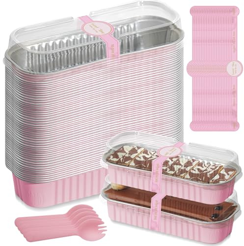 PRITOK 50Pcs Mini Loaf Pans with Lids and Spoons: 200ml Rectangular Aluminum Foil Baking Pans with Sealing Sticker, Mini Loaf Cake Cases for Bread Cake Wedding, Picnic or Birthday(Pink)