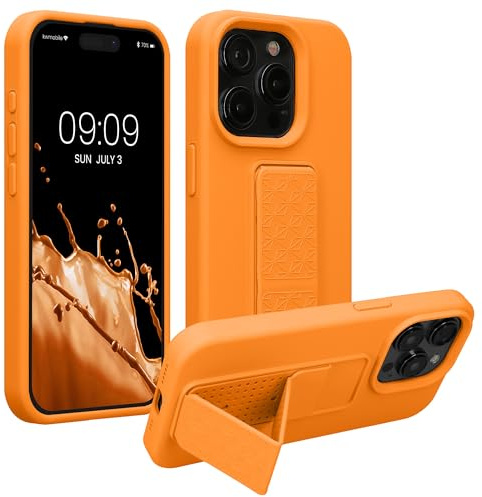 kwmobile Case for Apple iPhone 15 Pro Max Case - Soft TPU Cover with Silicone Coating - With Hand Strap and Stand Function - Shockproof - Fruity Orange