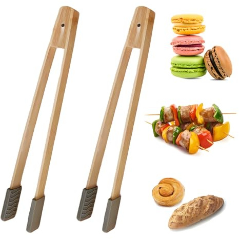 2 stycken 30 cm grilltänger trä, trätång bambu, limmad, trätång för grillning räfflad med fast grepp, halkfri kokpincett, återanvändbara kökstång för sallad, grillning, stekning (NOMAL-1)